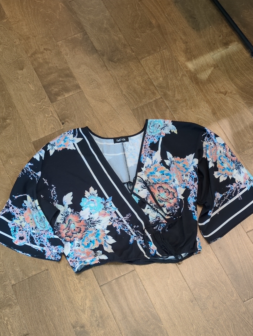 fab'rik Black Floral Wrap Top with Teal & Coral Accents Size large